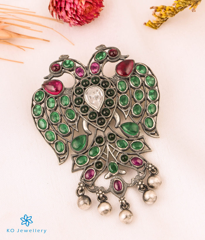 The Classic Gandaberunda Silver Pendant (Oxidised/Green)