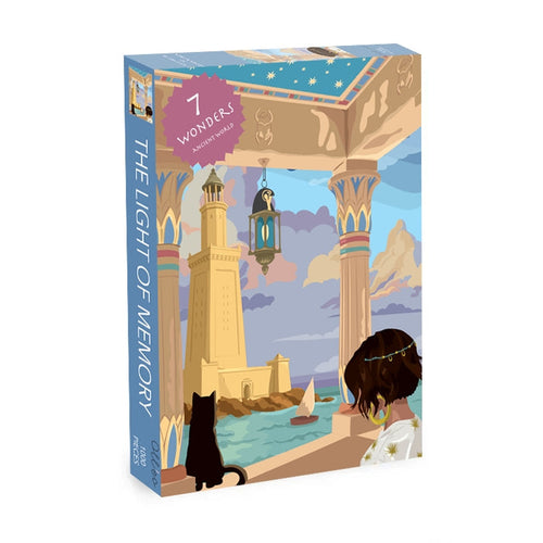 The Light of Memory | 1,000 Piece Jigsaw Puzzle by Olleo Puzzles showcases the Lighthouse of Alexandria, a girl, and a black cat beside ornate columns overlooking the sea—a scene inspired by the Seven Wonders of the Ancient World.