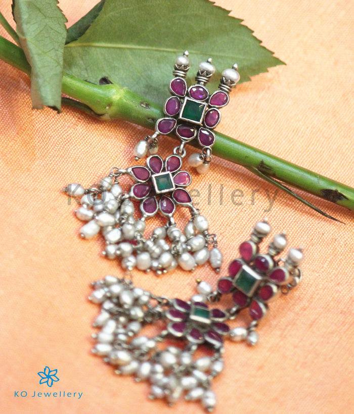 The Maya Silver Pearl Earrings (Red/Oxidised)