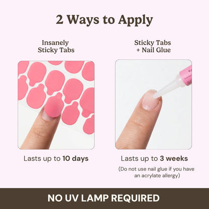 Here’s a rewritten version using your product data: Choose between two application methods for the EyeCandys The Short Oval Edit Press-On Nail Set: use the pink sticky tabs for up to 10 days of wear, or combine the sticky tabs with nail glue for results that last up to 3 weeks. No UV lamp is required. Images demonstrate each easy step on fingernails, letting you achieve a salon-quality gel manicure at home with these reusable, short oval press-on nails.