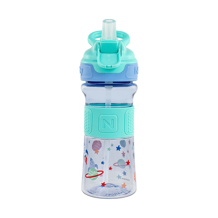 Thirsty Kids REFLEX Easy Grip Water Bottle | Aqua Space features a blue-green lid, soft silicone spout, grip section, no-spill design, and fun planet and star illustrations with a large N logo on the front.