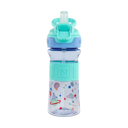 Thirsty Kids REFLEX Easy Grip Water Bottle | Aqua Space features a blue-green lid, soft silicone spout, grip section, no-spill design, and fun planet and star illustrations with a large N logo on the front.