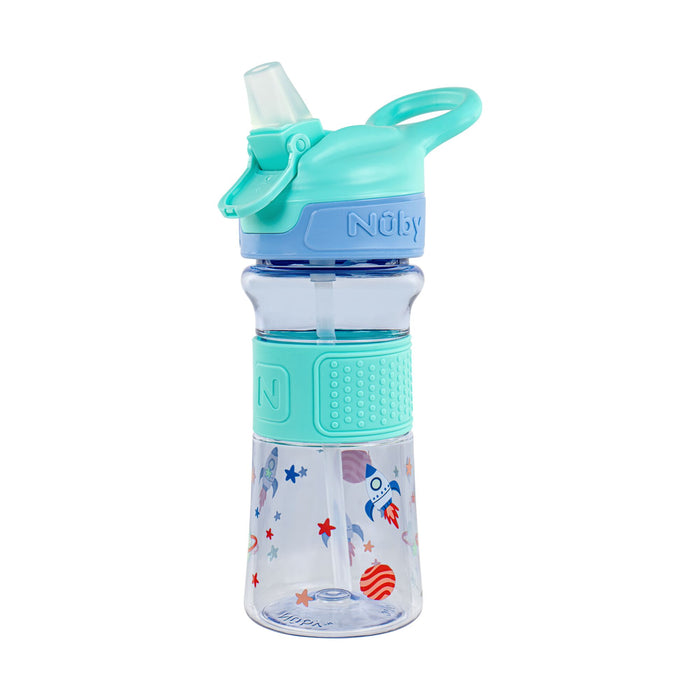 The Thirsty Kids REFLEX Easy Grip Water Bottle | Aqua Space features a clear plastic body with blue and turquoise lid, soft silicone spout, no-spill straw, handle, grip, and fun star, rocket, and planet designs.