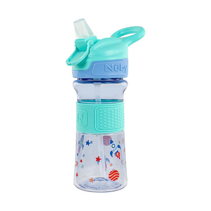 The Thirsty Kids REFLEX Easy Grip Water Bottle | Aqua Space features a clear plastic body with blue and turquoise lid, soft silicone spout, no-spill straw, handle, grip, and fun star, rocket, and planet designs.