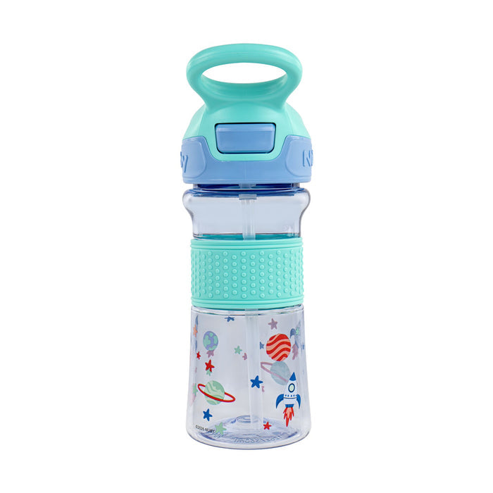 The Thirsty Kids REFLEX Easy Grip Water Bottle | Aqua Space features a clear body with teal lid and handle, space-themed prints, textured aqua grip, hygienic cover, and a soft silicone spout for no-spill sipping.