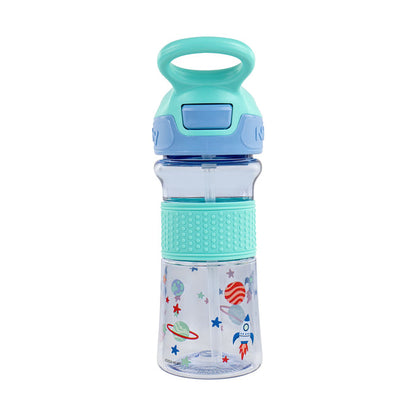The Thirsty Kids REFLEX Easy Grip Water Bottle | Aqua Space features a clear body with teal lid and handle, space-themed prints, textured aqua grip, hygienic cover, and a soft silicone spout for no-spill sipping.