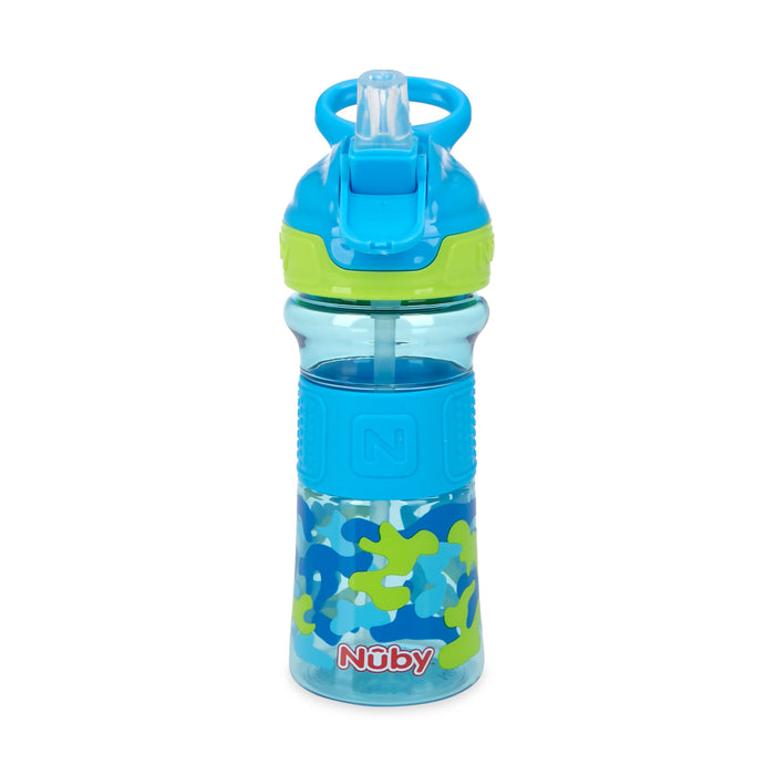 A Thirsty Kids REFLEX Easy Grip Water Bottle | Blue Camo with a flip-top lid, silicone spout, built-in straw, and hygienic cover is shown on a white background.