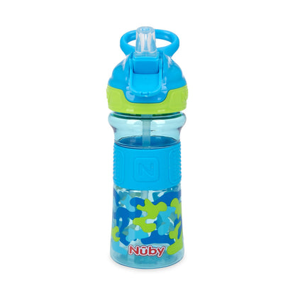 A Thirsty Kids REFLEX Easy Grip Water Bottle | Blue Camo with a flip-top lid, silicone spout, built-in straw, and hygienic cover is shown on a white background.