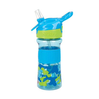 Blue and green Thirsty Kids REFLEX Easy Grip Water Bottle | Blue Camo with no-spill sippy cup design, flip-up straw, carrying handle, camouflage pattern, and a textured grip band around the middle.