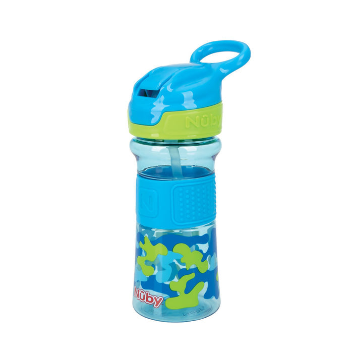 A Thirsty Kids REFLEX Easy Grip Water Bottle | Blue Camo with a silicone spout, straw lid, carrying handle, and blue camo design on the clear lower half.