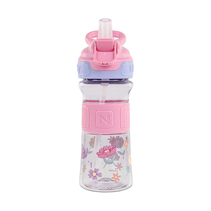 The Thirsty Kids REFLEX Easy Grip Water Bottle | Pink Flowers features a clear bottle with pink and purple lid, pink handle and grip, floral design, silicone spout with hygienic cover, and built-in straw for easy sipping.