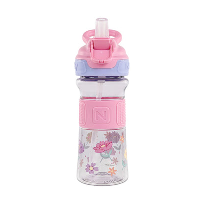 The Thirsty Kids REFLEX Easy Grip Water Bottle | Pink Flowers features a clear bottle with pink and purple lid, pink handle and grip, floral design, silicone spout with hygienic cover, and built-in straw for easy sipping.