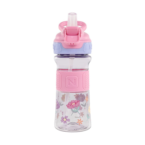 The Thirsty Kids REFLEX Easy Grip Water Bottle | Pink Flowers features a clear bottle with pink and purple lid, pink handle and grip, floral design, silicone spout with hygienic cover, and built-in straw for easy sipping.