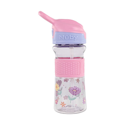 The Thirsty Kids REFLEX Easy Grip Water Bottle | Pink Flowers features a silicone spout, pink and purple flip-top lid, textured pink grip, floral body design, and “Nûby” branding on the lid.
