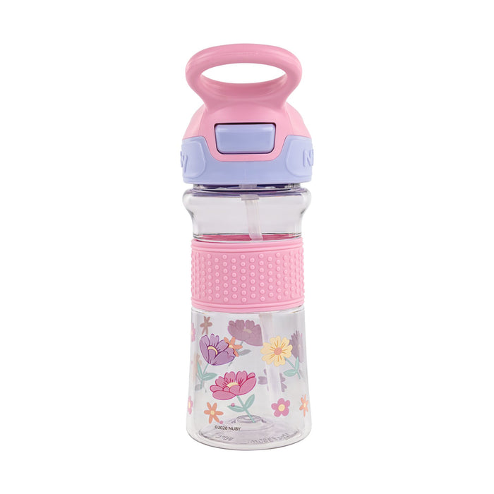 The Thirsty Kids REFLEX Easy Grip Water Bottle | Pink Flowers features a clear body with colorful flower designs, a pink and purple lid, textured pink grip, built-in straw, and a hygienic cover for the silicone spout.
