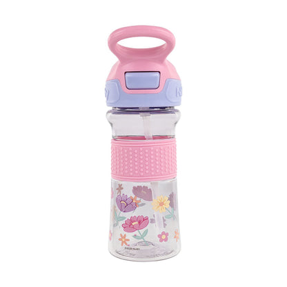 The Thirsty Kids REFLEX Easy Grip Water Bottle | Pink Flowers features a clear body with colorful flower designs, a pink and purple lid, textured pink grip, built-in straw, and a hygienic cover for the silicone spout.