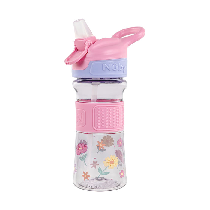 The Thirsty Kids REFLEX Easy Grip Water Bottle | Pink Flowers features clear plastic, pink and purple accents, a flip-up straw with cover, textured pink grip, and colorful flower designs; Nuby is embossed at the top.