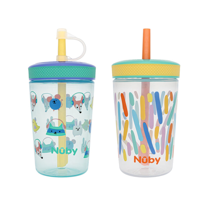 The Thirsty Kids Super Sipper Straw Cup (2 Pack) | Aqua & Yellow includes two leak-resistant, upright sippy cups with silicone straws—one with animal faces and blue lid, the other with colorful lines and yellow lid.
