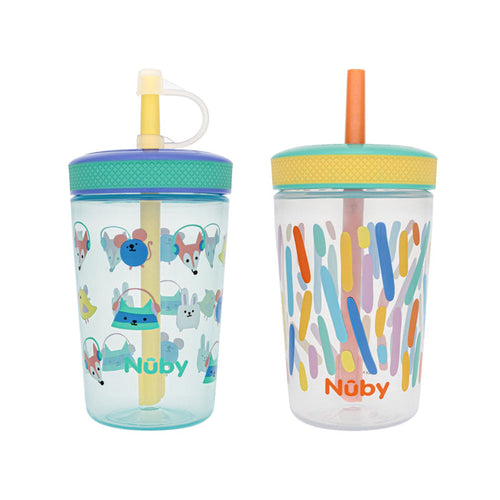 The Thirsty Kids Super Sipper Straw Cup (2 Pack) | Aqua & Yellow includes two leak-resistant, upright sippy cups with silicone straws—one with animal faces and blue lid, the other with colorful lines and yellow lid.