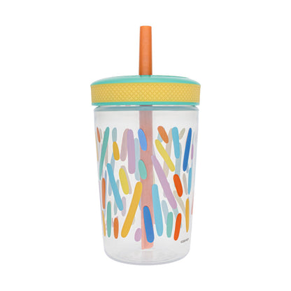 The Thirsty Kids Super Sipper Straw Cup (2 Pack) | Aqua & Yellow is a spill-proof toddler cup with a teal and yellow lid, orange straw, and colorful abstract designs.