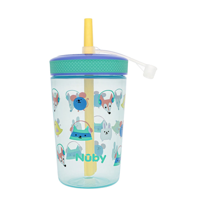 The Thirsty Kids Super Sipper Straw Cup (2 Pack) | Aqua & Yellow features leak-resistant straw sippy cups for toddlers, with fun animal designs, a blue cup, yellow straw, and turquoise lid.