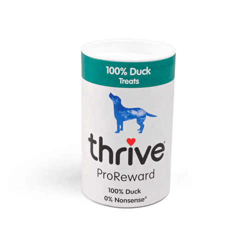 White background with a single tube of 'Thrive ProReward' dog treats, text on tube also says '100% Duck, 0% Nonsense' with a silhouette of a large dog pictured.