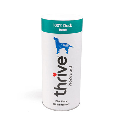 White background with a large single tube of 'Thrive ProReward' dog treats, text on tube also says '100% Duck, 0% Nonsense' with a silhouette of a large dog pictured.