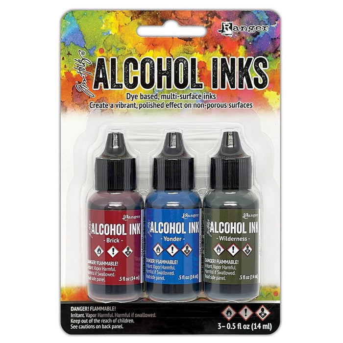 Tim Holtz - Alcohol Ink .5oz - 3/Pkg - Select from Drop Down. The alcohol inks by Ranger are dye based, multi-surface inks. They are acid free, permanent, quick drying and transparent. Available at Embellish Away located in Bowmanville Ontario. Expedition - Brick/Yonder/Wilderness