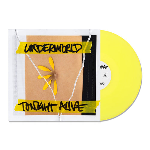 A yellow vinyl record partially in its sleeve. The Tonight Alive album cover features yellow tape with black text reading “Tonight Alive,” and a daisy with missing petals on a brown background.