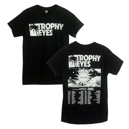 Trophy Eyes US 2024 Tour T-shirt: Black tee with white Trophy Eyes and palm tree graphic on the front; back features the logo, tour design, and tour dates/locations in white.