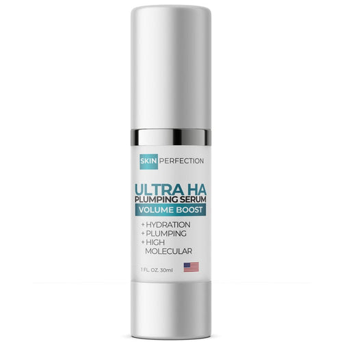 Ultra Hyaluronic Plumping Gel tube and jar labeled Hyaluronic Acid paraben-free made in USA