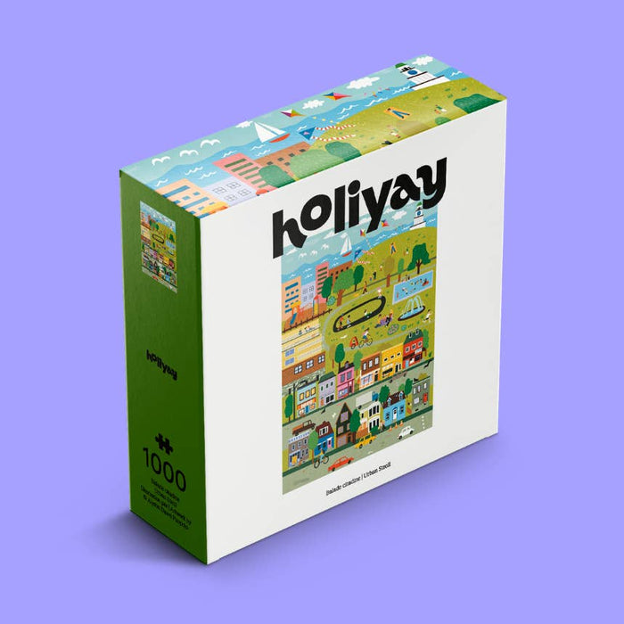 The Urban Stroll | 1,000 Piece Jigsaw Puzzle by Holiyay Puzzles features colorful cartoon illustrations of a town and park set against a purple background, with artwork by Alysha Dawn Puopolo and a premium matte finish for an enjoyable puzzling experience.