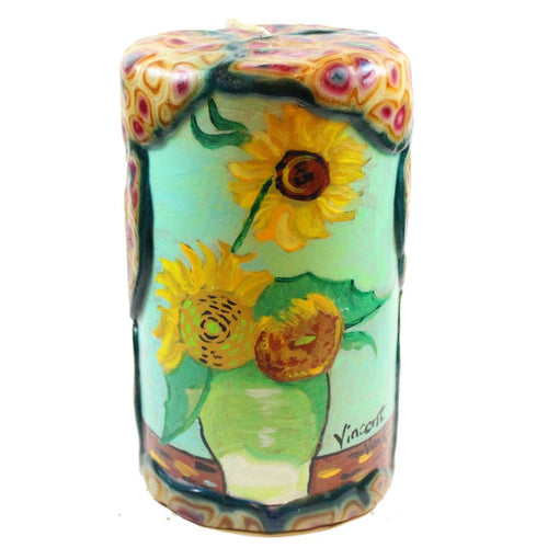Van Glow Painted Pillar Candle - Sunflowers With Mint Background - Candlestock.com