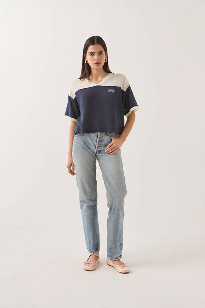 Women's Varsity Mesh T-Shirt in the color Off White/Washed Navy - Women's Front View