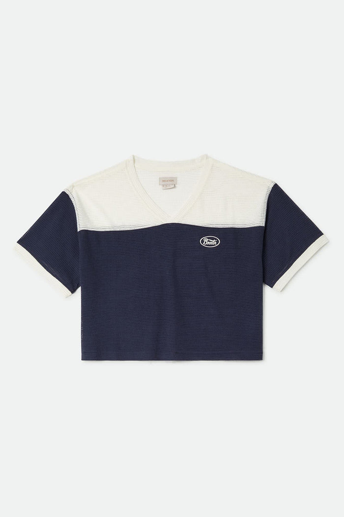 Women's Varsity Mesh T-Shirt in the color Off White/Washed Navy - Front Product View