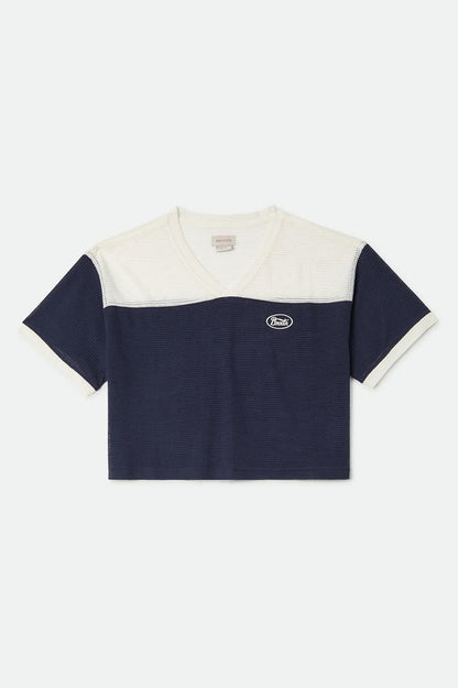 Women's Varsity Mesh T-Shirt in the color Off White/Washed Navy - Front Product View