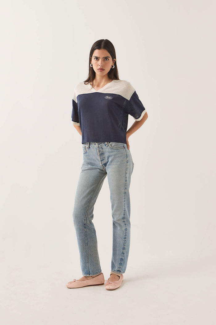 Women's Varsity Mesh T-Shirt in the color Off White/Washed Navy - Women's Side View