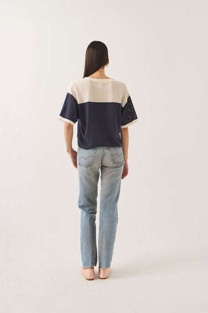 Women's Varsity Mesh T-Shirt in the color Off White/Washed Navy - Women's Back View