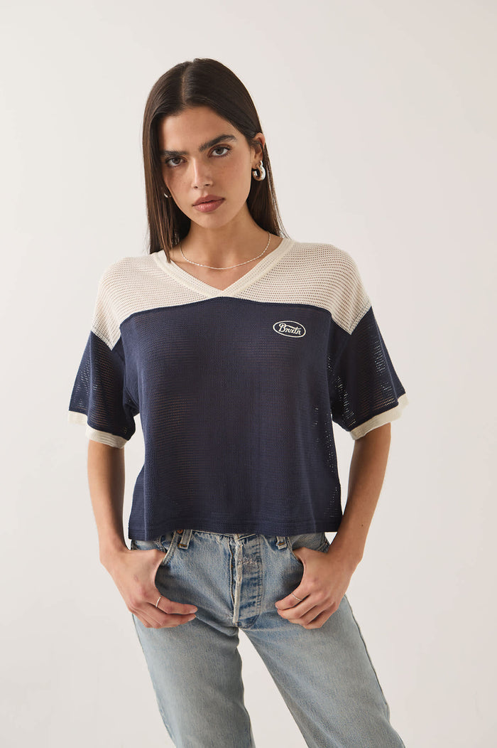 Women's Varsity Mesh T-Shirt in the color Off White/Washed Navy - Additional Fit image