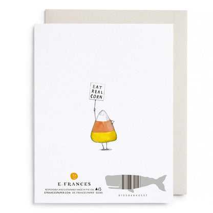 Veggie cartoon birthday greeting card with corn character holding “Eat Real Corn” sign
