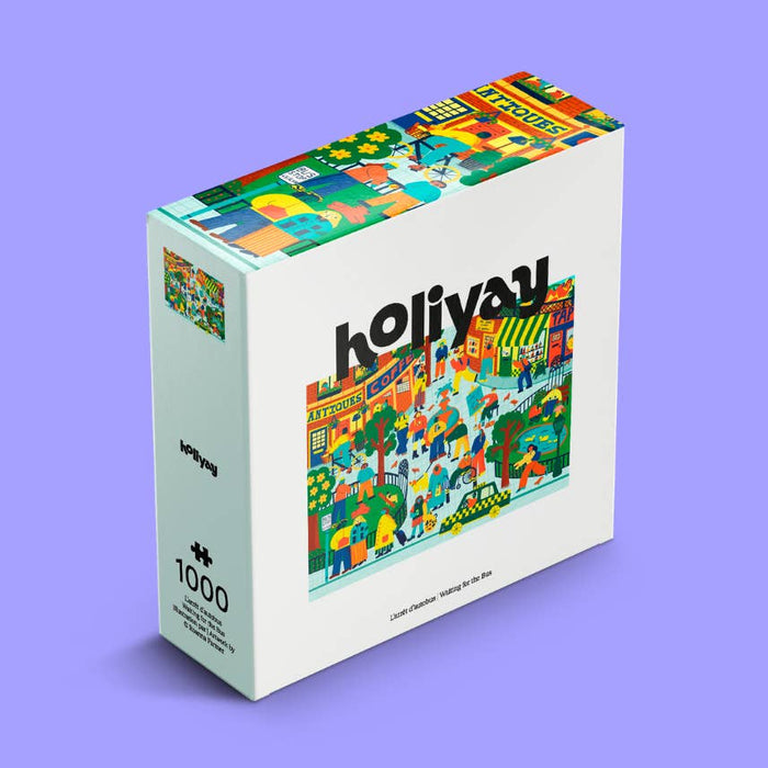 A 1,000-piece jigsaw puzzle box titled "Waiting For the Bus," featuring colorful artwork of a lively town scene by Roanna Farmer, with the Holiyay Puzzles brand name displayed on the front against a vibrant purple background.