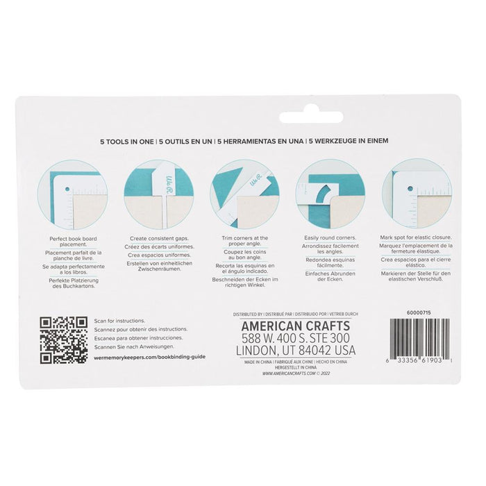 We R Memory - Book Cover Guide - Mint. Perfect book board placement, consistent gaps, trim corners at the proper angle, easily round corners and mark spot for elastic closure. It also includes a scan code for detailed instructions. Available at Embellish Away located in Bowmanville Ontario Canada.