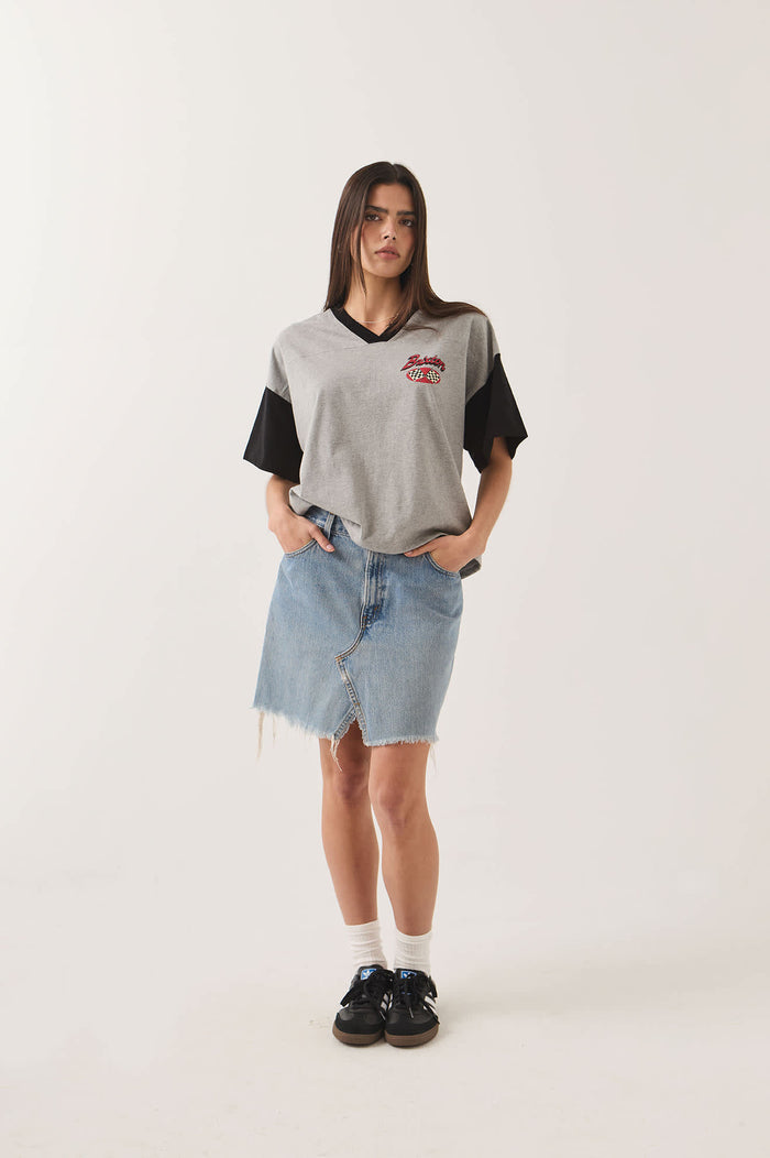 Women's Winners Circle Boxy Football T-Shirt in the color Heather Grey/Black - Women's Front View