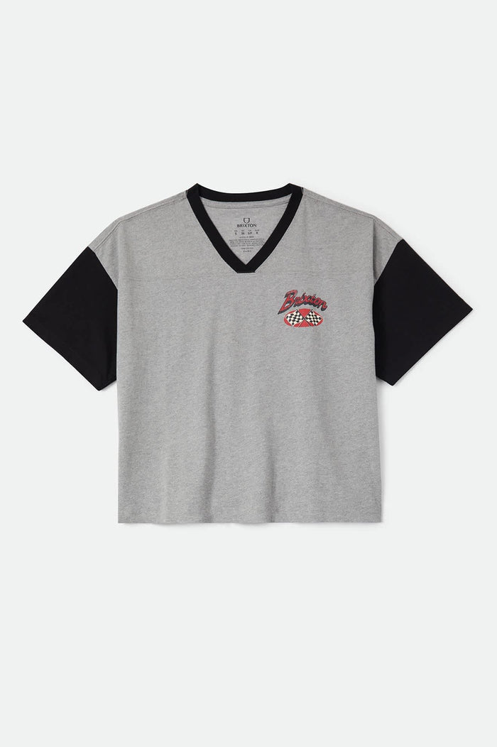 Women's Winners Circle Boxy Football T-Shirt in the color Heather Grey/Black - Front Product View