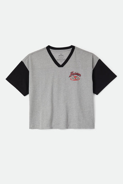 Women's Winners Circle Boxy Football T-Shirt in the color Heather Grey/Black - Front Product View