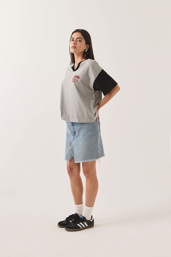 Women's Winners Circle Boxy Football T-Shirt in the color Heather Grey/Black - Women's Side View