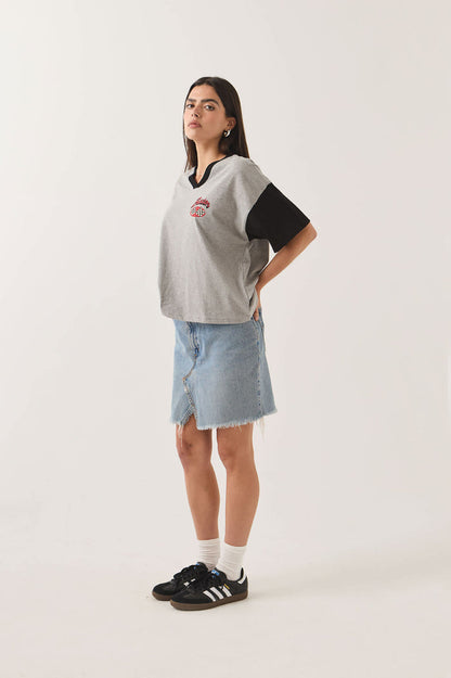 Women's Winners Circle Boxy Football T-Shirt in the color Heather Grey/Black - Women's Side View