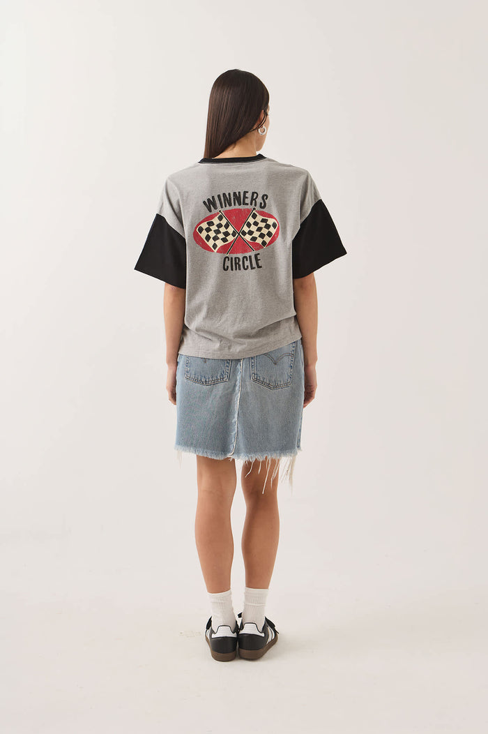 Women's Winners Circle Boxy Football T-Shirt in the color Heather Grey/Black - Women's Back View