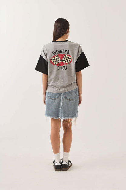 Women's Winners Circle Boxy Football T-Shirt in the color Heather Grey/Black - Women's Back View