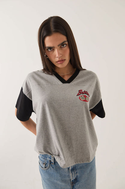 Women's Winners Circle Boxy Football T-Shirt in the color Heather Grey/Black - Additional Fit image